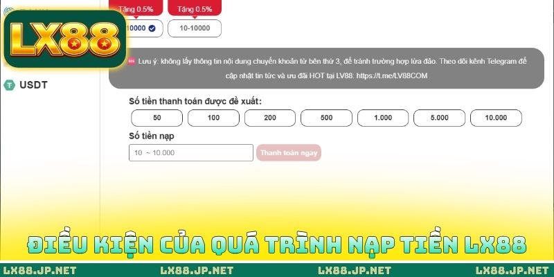 Điều kiện của quá trình nạp tiền LX88