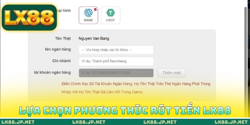 Lựa chọn phương thức rút tiền LX88